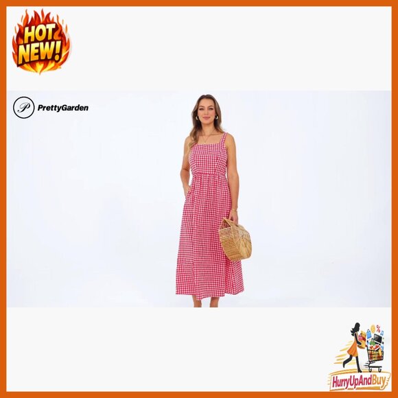 Plaid Square Neck Maxi Dress Spaghetti Strap A-Line Casual Beach Vacation - Picture 7 of 7